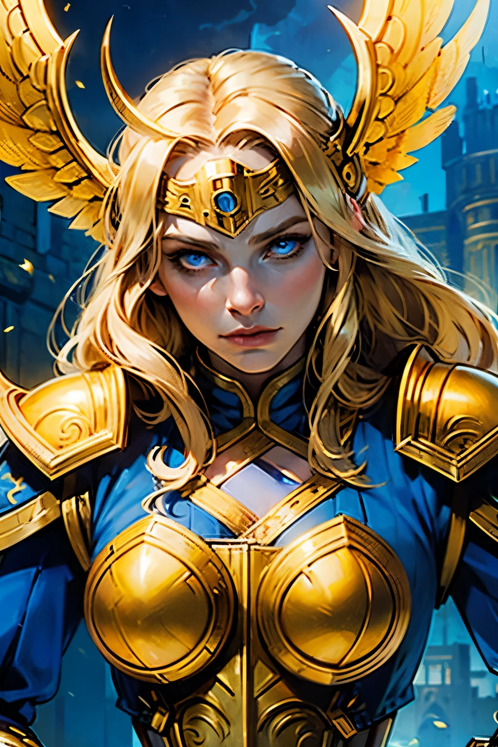 a blonde Asgardian heroine. She wears dark blue armor, gold trim, (((Norse helm with gold wings))), armored glove, deep v neck. stern expression. blond hair, long hair, blue eyes, (detailed eyes, detailed face), detailed hands, pretty face, round cheeks, soft face. heavy gauntlet covers one hand, armoured boots. Show her in a heroic pose with hands on her hips. castle ruins background. volumetric lighting
