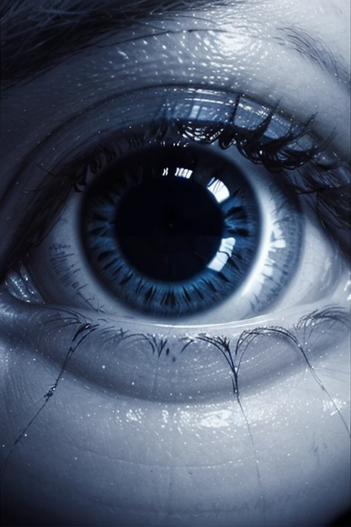 "Create a Facebook cover image for a page dedicated to psychoanalysis. The image should feature a close-up of a person’s eye with reflections of abstract thought patterns or dreams. Use a monochromatic color scheme with shades of blue. The design should evoke curiosity, depth, and a sense of exploration."