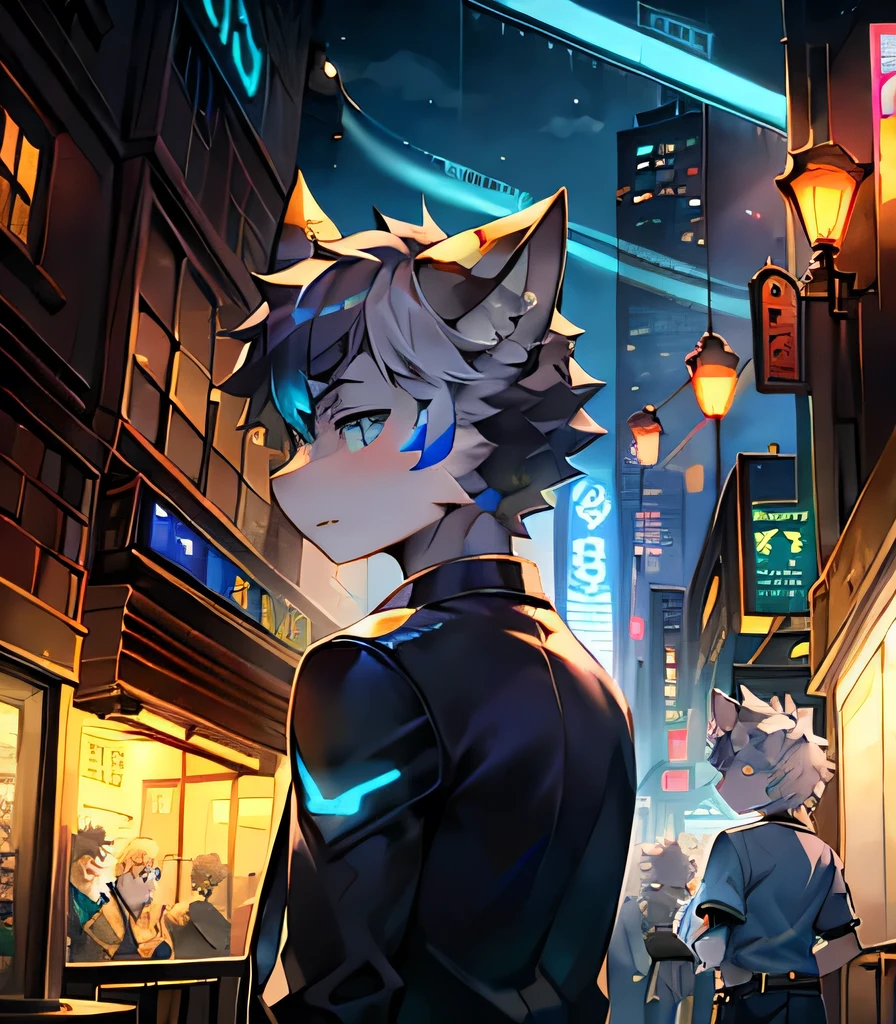 Highest image quality，Delicate painting style，Delicate hook line，masterpiece，Delicate skin，Fine hainish，masterpiece，Delicate hands，Delicate eyes，Normal eyes，Gray cat ears，hairy，blue eyes，Handsome，Cat Style，Shota，cyberpunk characters, blue pupils, City night scene, Mottled light and shadow, Boys，Fire Magic，With God&#39;s bright eyes。 There was a fire burning in the air, City，Gray fur