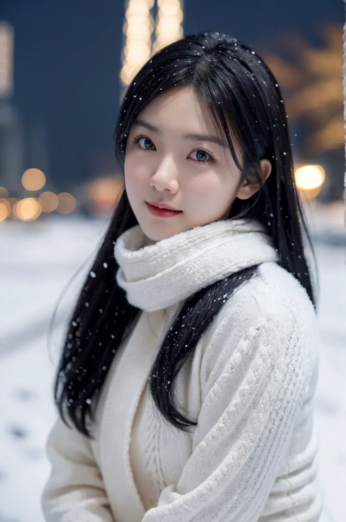 8k, best quality, Medium close-up, (Best quality,8K,tmasterpiece:1.3)Cute and lovely Korean girl, realistic, ultra detail, photo realistic, Increase quality,
a photo of a girl sit in a ruusian night city with a scarf, in the style of dark and brooding designer, voluminous mass, photobash, serene faces, jagged edges, navy, natural beauty, close-up shot , cold atmosphere , winter atmosphere , Skin texture is natural、、The skin looks healthy with an even tone、 Use natural light and color,One Woman,japanes,,kawaii,A dark-haired,Middle hair,(depth of fields、chromatic abberation、、Wide range of lighting、Natural Shading、)、(Exterior light at night:1.4)、(Falling snow:1.3)、(Hair swaying in the wind:1.2)、(Light reflecting snow:1.0)