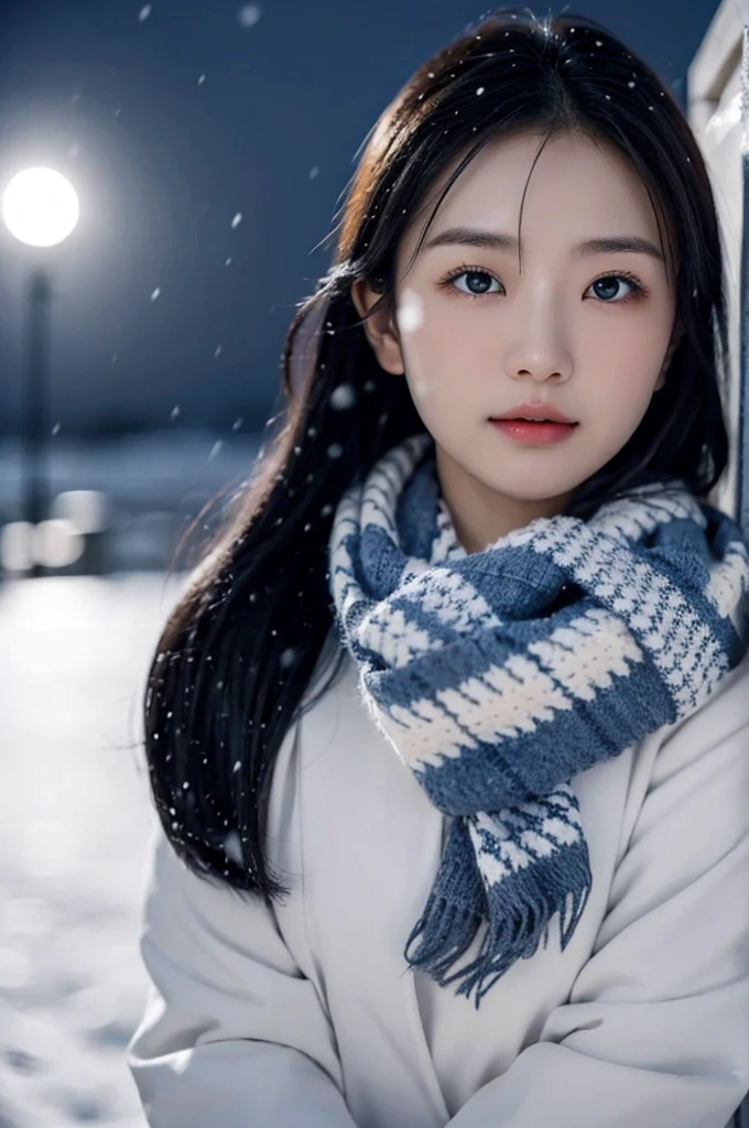 8k, best quality, Medium close-up, （Best quality，8K，tmasterpiece：1.3）Cute and lovely Korean girl, realistic, ultra detail, photo realistic, Increase quality, 
a photo of a girl sit in a ruusian night city with a scarf, in the style of dark and brooding designer, voluminous mass, photobash, serene faces, jagged edges, navy, natural beauty, close-up shot , cold atmosphere , winter atmosphere , Skin texture is natural、、The skin looks healthy with an even tone、 Use natural light and color,One Woman,japanes,,kawaii,A dark-haired,Middle hair,(depth of fields、chromatic abberation、、Wide range of lighting、Natural Shading、)、(Exterior light at night:1.4)、(Falling snow:1.3)、(Hair swaying in the wind:1.2)、(Light reflecting snow:1.0)
