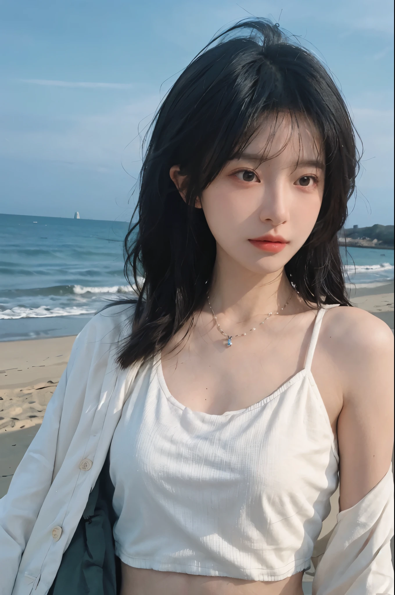 Best quality,Ultra-high resolution,(lifelike:1.4),Cute hairpin,1girll,Long curly hair,jk,Blush,Slim beauty:1.4,Visible abdominal muscles,on the beach,Ultra-fine face,Exquisite eyes,Double eyelids,necklace