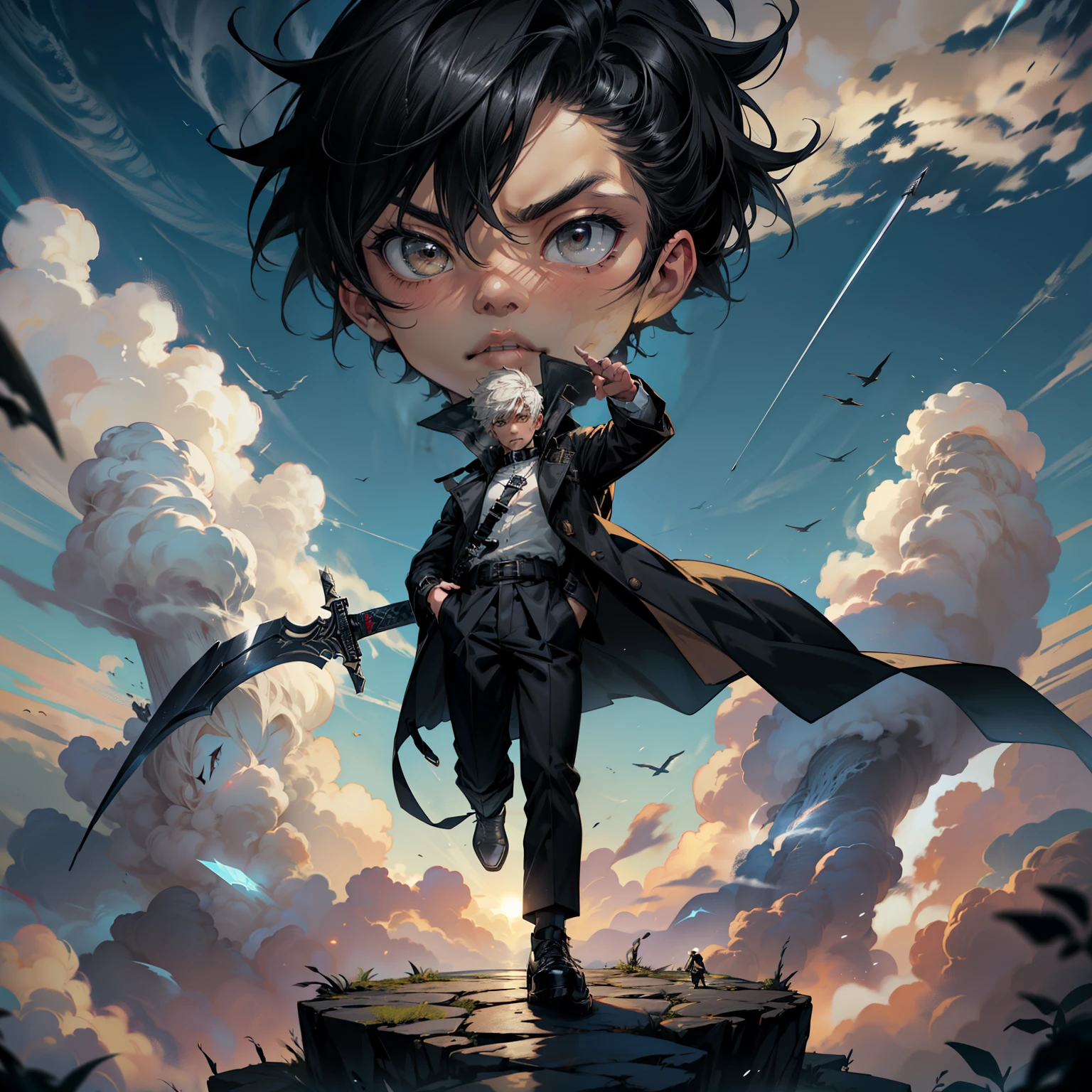 1boy, 26 Years old, Chibi, Serious face, muscular, high cut short hair, wearing ((black long lather trench coat, high collar)), round neck white shirts, black trousers, oxfords shoes, ((holding a giant sword)), levitate in the air, cloud, blue sky 