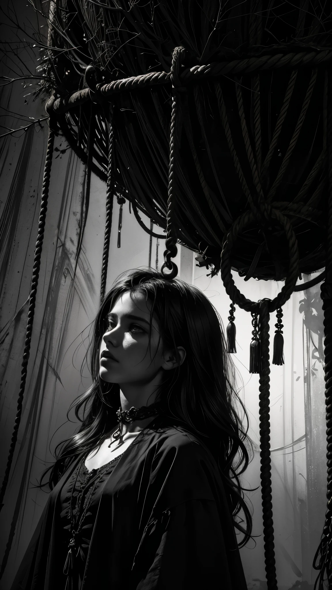 A haunting masterpiece, of unparalleled quality, showcasing a tragic scene of a teenage girl hanging from a tree. The rope around her neck, reminiscent of a hangman's noose, is rendered in exquisite detail, a testament to the artist's skill. The atmosphere is horrific, laden with sadness and a profound sense of melancholy. The girl's torn clothing is rendered with vibrant colors, contrasting starkly with the somber scene.

The dramatic lighting, inspired by chiaroscuro, creates a cinematic atmosphere, with deep shadows and highlights that evoke a moody, gritty, and dark gothic ambiance