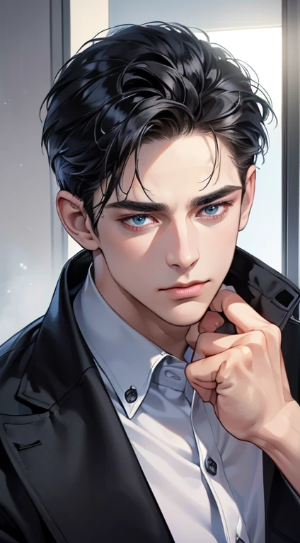 (best quality, masterpiece, 8K, photorealistic, cinematic lighting, 1:4 hdr image, ultra detailed, beautiful image), a mature man, 34 years very handsome, ((cold expression)), short black hair, blue eyes, face perfect without mistakes, ((buttoning his jacket, CEO))
