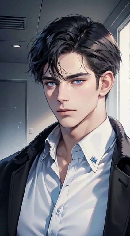 (best quality, masterpiece, 8K, photorealistic, cinematic lighting, 1:4 hdr image, ultra detailed, beautiful image), a mature man, 34 years very handsome, ((cold expression)), short black hair, blue eyes, face perfect without mistakes, ((buttoning his jacket, CEO))