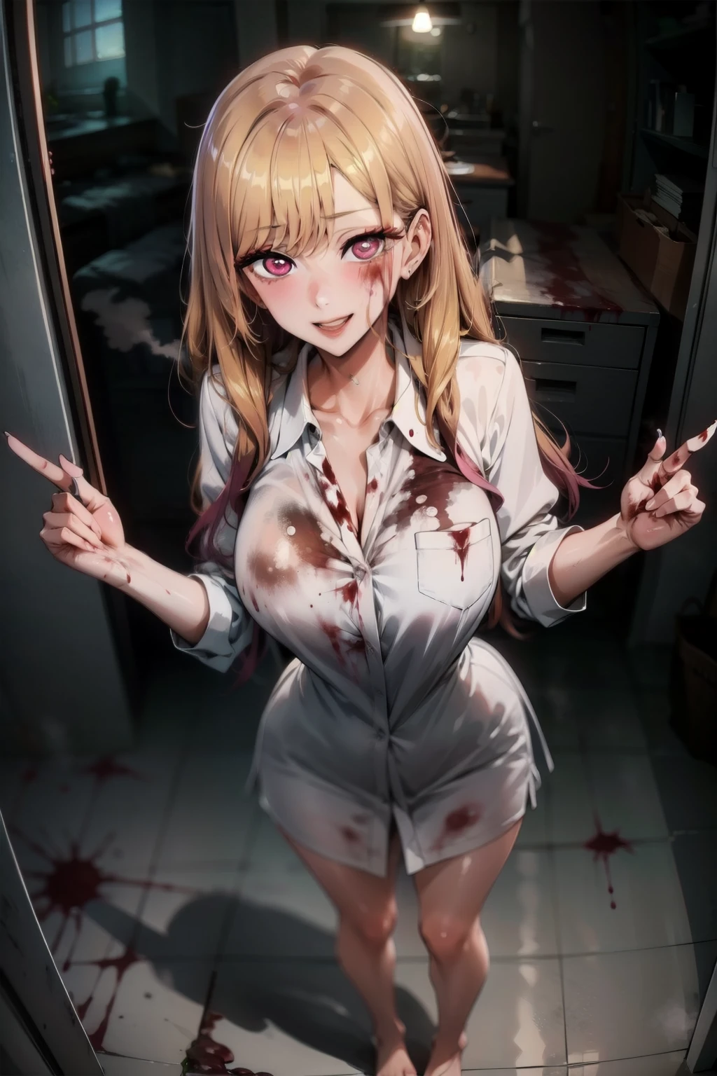 1girl, from_above, kitagawa marin \(My Dress-Up Darling\), barefoot, (blood, blood on clothes, blood on ground:1.2), crack, cracked floor, (fisheye:1.2), pink eyes, horror (theme), light bulb, locker, looking at viewer, parted lips, blonde hair, collared white shirt, scenery, skinny, ringed eyes, smile, solo, standing, steam, masterpiece, best quality,