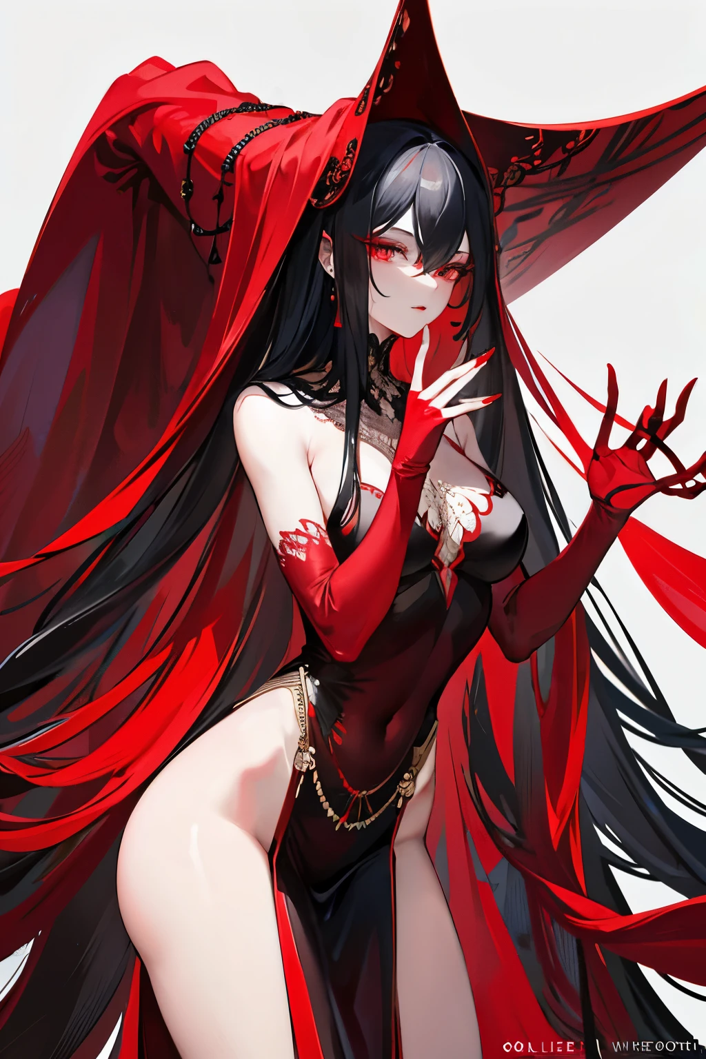 An exquisite female figure, veiled in crimson, with her eyes hidden, gracefully poses, signifying quietude. Her elongated, vividly painted nails, adorned in a bold shade of red, delicately rest upon her lips. The backdrop, a striking expanse of unbroken black, serves as a captivating contrast to her regal presence.