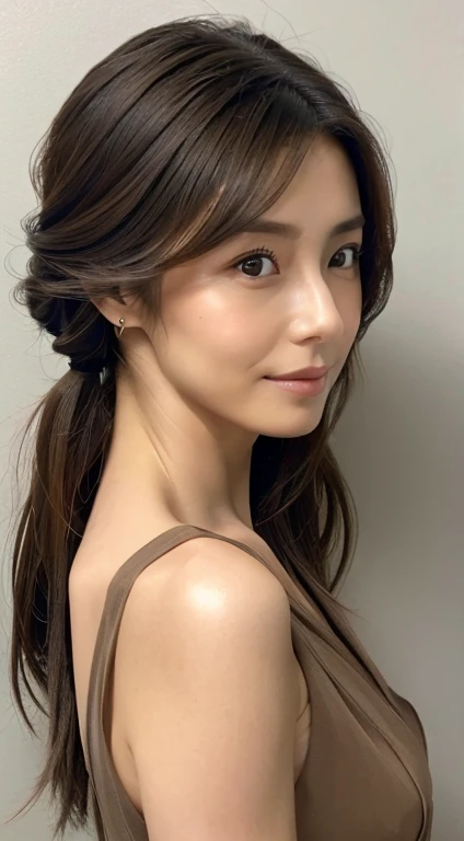 Selfie photo taken with a mobile phone、highest quality, Realistic, Perfect Human Anatomy, Very detailed, Very delicate and beautiful, Raw photo, Professional Lighting, Illumination, Depth of written boundary, Single focus, whole body, Skinny Japanese woman, 40-year-old woman, Brown Hair, Small Head, Beautiful Eyes, True Face, Realistic skin, Fine grain, (Fashionable hairstyles: 1.3),Bust Emphasis