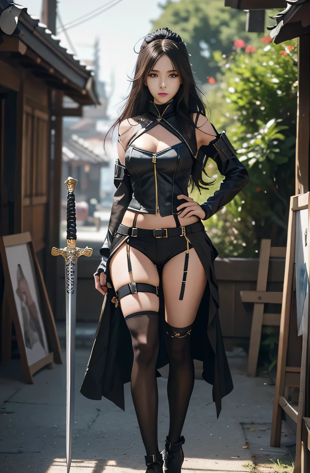 anime girl in a costume with a sword and a mask, fine details. girls frontline, from girls frontline, waist - shot, cushart krenz key art feminine, hand on hips, artwork in the style of guweiz, belly exposed, thighs close up, extremely detailed artgerm, thicc, close up half body shot, highly detailed exquisite fanart,Full body frontal view