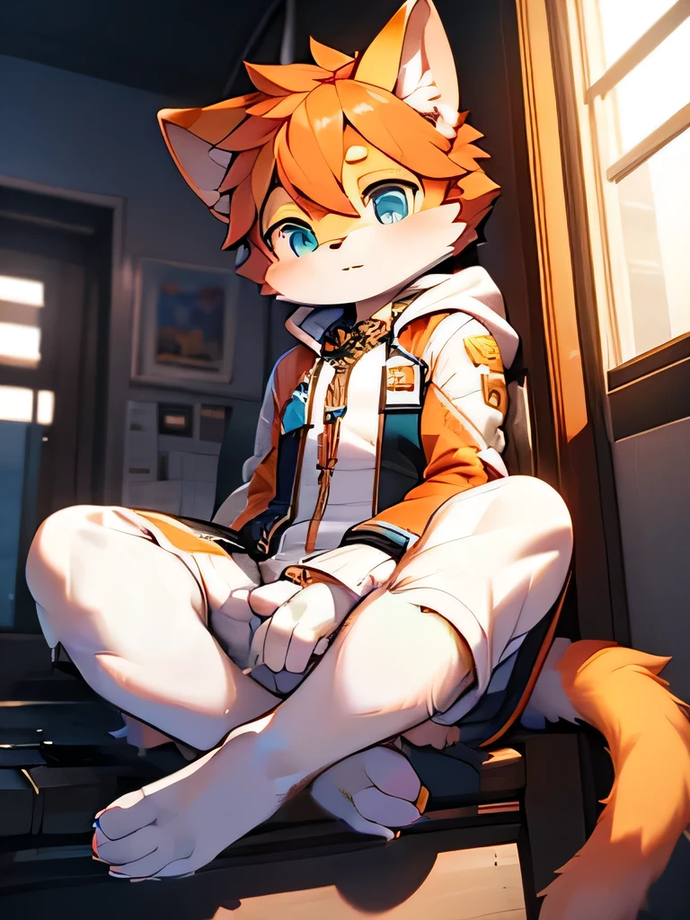 Blue pupils, Hairy body, Light Color, Fluffy tail, Boy Cat，Male characteristics，very cute，Orange Hair，Popular styles at P station，Cute characters and plush legs，white woman&#39;Sailor Suit，Strong 3D sense， Cute feet，Delicate little paws