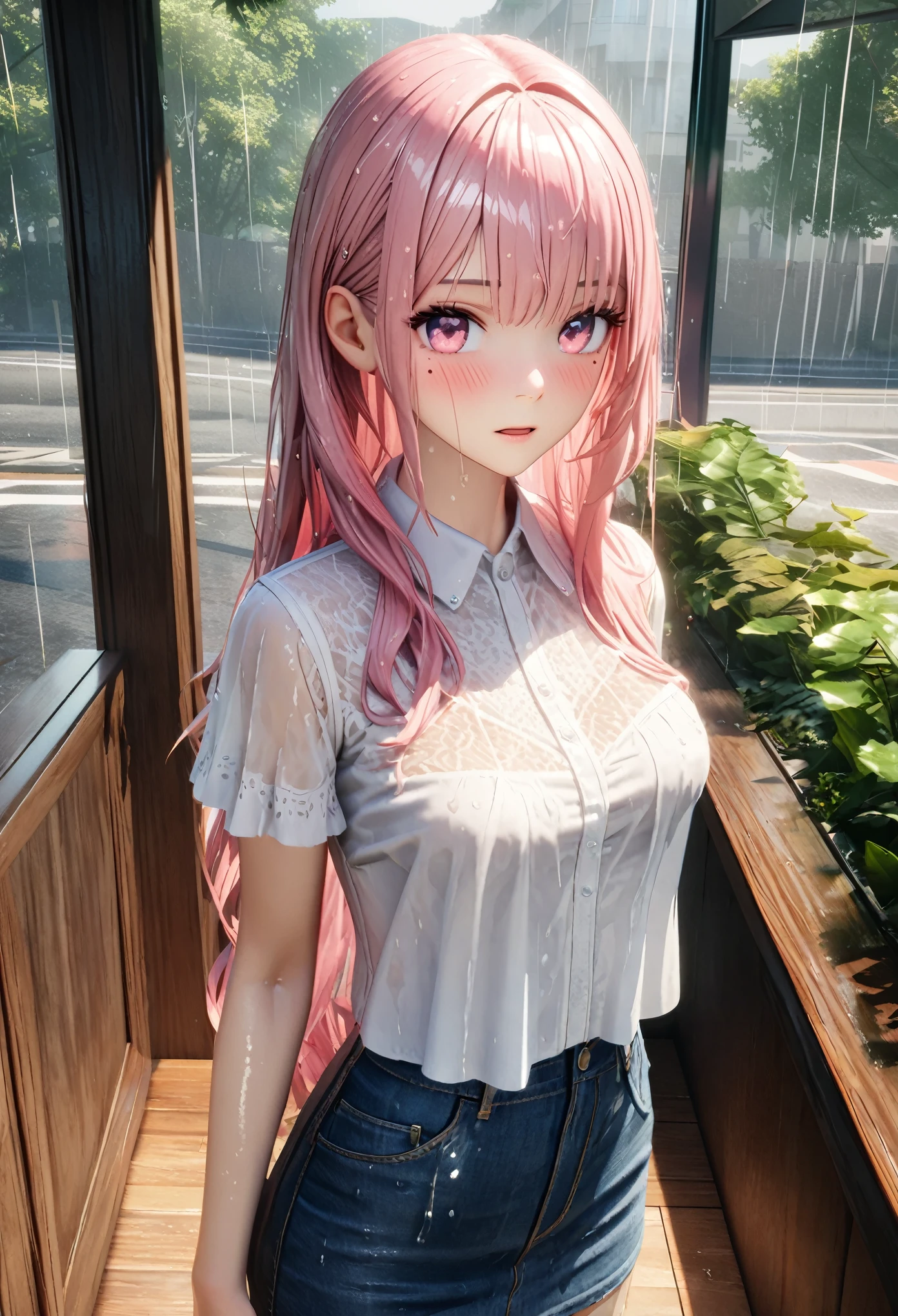 masterpiece, best quality, highly detailed, high resolution, expensive resolution, high resolution, 4k, 8k, Unity 8k wallpaper, highly detailed CG, masterpiece, 2d, 3d, beautiful details, depth, fine texture, best quality: 1.3, perfectly focused, crisp skin, him, very cute anime girl, (sheer white blouse wet from pouring rain, denim miniskirt) (soaking wet and damp pink medium long hair, rain dripping from hair), big breasts, expensive pink medium long hair, pouring rain, soaking wet hair, soaking wet only daughter, meeting outside cafeteria, mole under eye, looking at viewer, expensive, blush, mole, open lips, heart, pink eyes, soaking wet blouse, hair