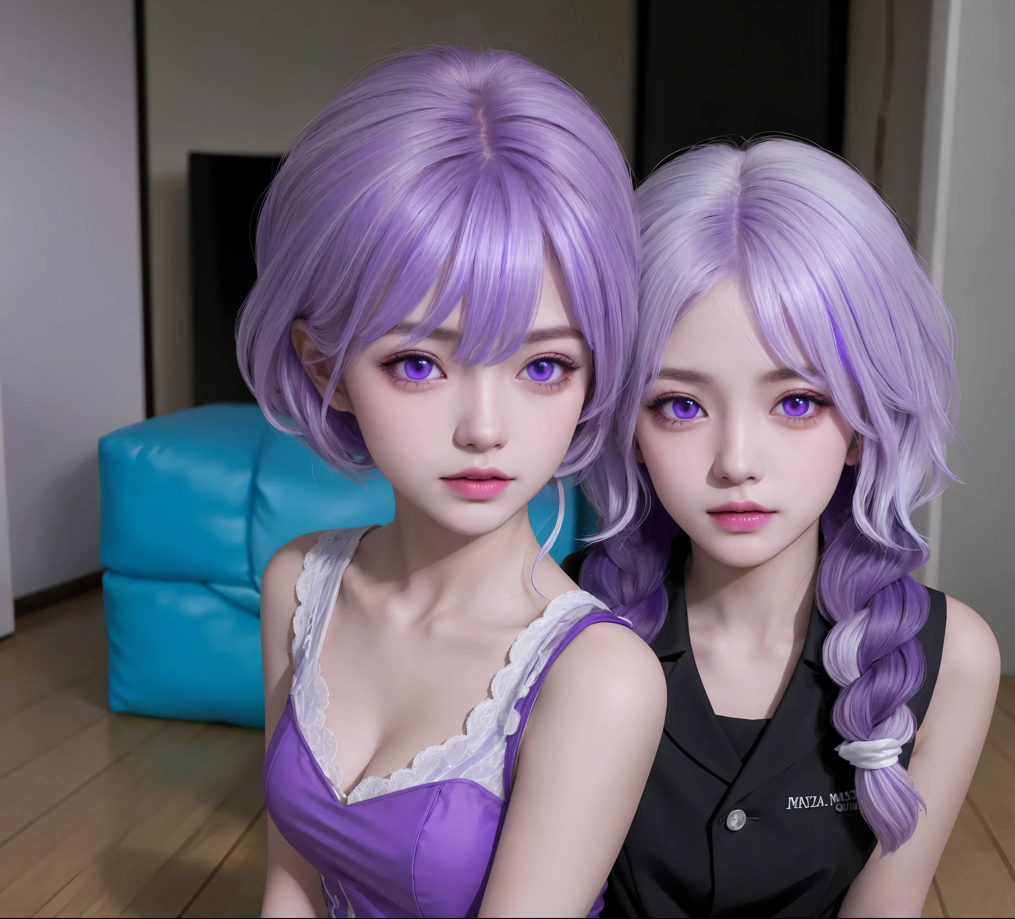 (masterpiece), (high quality), (8k resolution), (RAW photos), (best quality), (masterpiece:1.5), (Practical:1.5), ((photo Practical)), Vivid details, hyper Practical,2 Girls, (Lovely:1.2), beautiful, high quality、Delicate face, Perfect face, (purple hair and white hair:1.4), Red face,Two braids, delicate eyes, (Purple Eyes),Colored eyes,(Big watery eyes),National Foundation,, slim body, looking at the audience, Shut up, Real human skin, shiny skin, Mid-chest, ((Uniforms)), sit, floor,