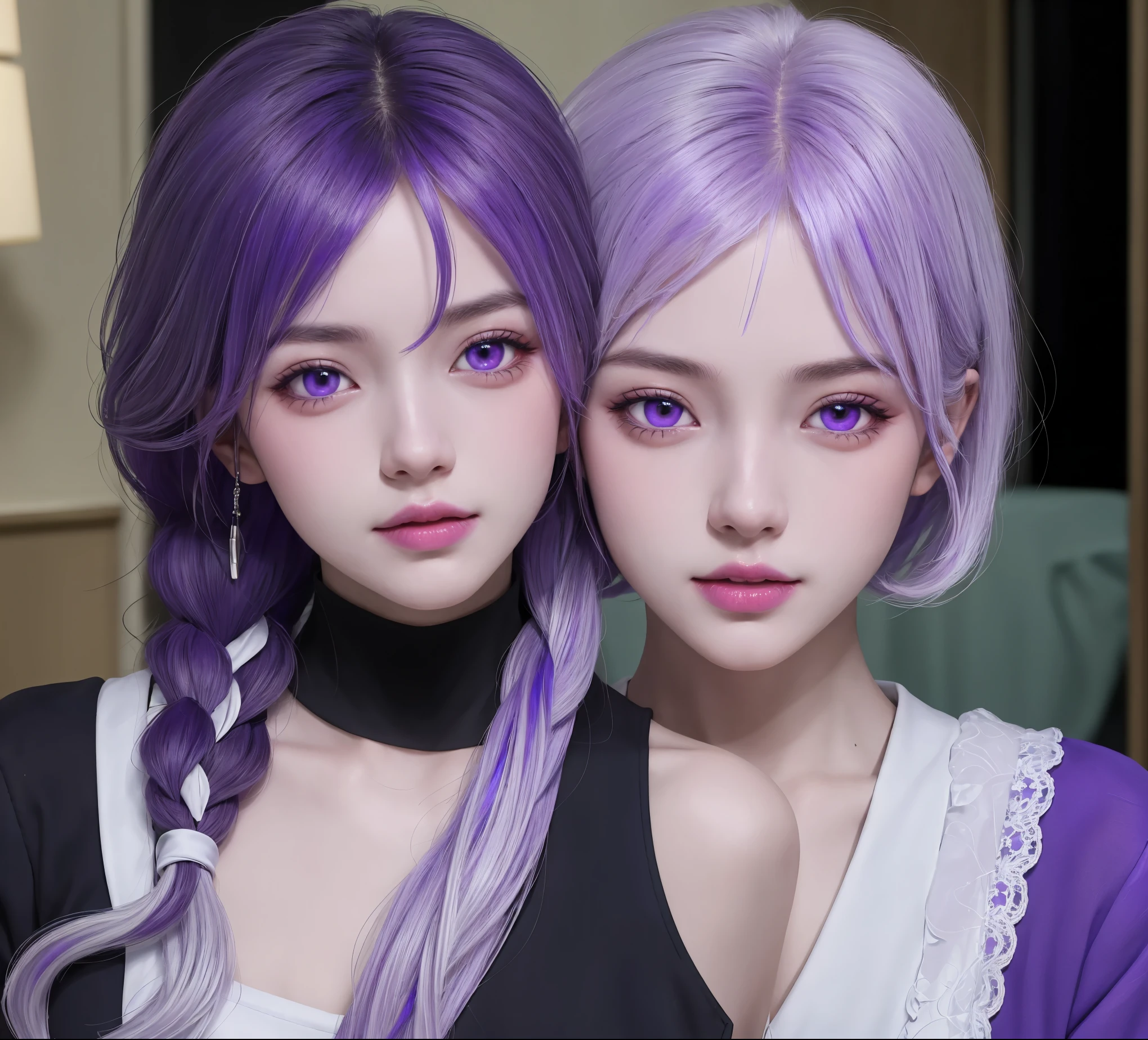 (masterpiece), (high quality), (8k resolution), (RAW photos), (best quality), (masterpiece:1.5), (Practical:1.5), ((photo Practical)), Vivid details, hyper Practical,2 Girls, (Lovely:1.2), beautiful, high quality、Delicate face, Perfect face, (purple hair and white hair:1.4), Red face,Two braids, delicate eyes, (Purple Eyes),Colored eyes,(Big watery eyes),National Foundation,, slim body, looking at the audience, Shut up, Real human skin, shiny skin, Mid-chest, ((Uniforms)), sit, floor,