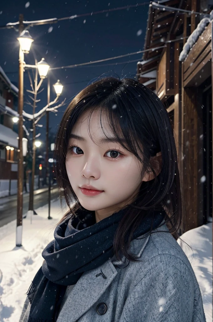 8k, best quality, Medium close-up, (Best quality,8K,tmasterpiece:1.3)Cute and lovely Korean girl, realistic, ultra detail, photo realistic, Increase quality,
a photo of a girl sit in a ruusian night city with a scarf, in the style of dark and brooding designer, voluminous mass, photobash, serene faces, jagged edges, navy, natural beauty, close-up shot , cold atmosphere , winter atmosphere , Skin texture is natural、、The skin looks healthy with an even tone、 Use natural light and color,One Woman,japanes,,kawaii,A dark-haired,Middle hair,(depth of fields、chromatic abberation、、Wide range of lighting、Natural Shading、)、(Exterior light at night:1.4)、(Falling snow:1.3)、(Hair swaying in the wind:1.2)、(Light reflecting snow:1.0)