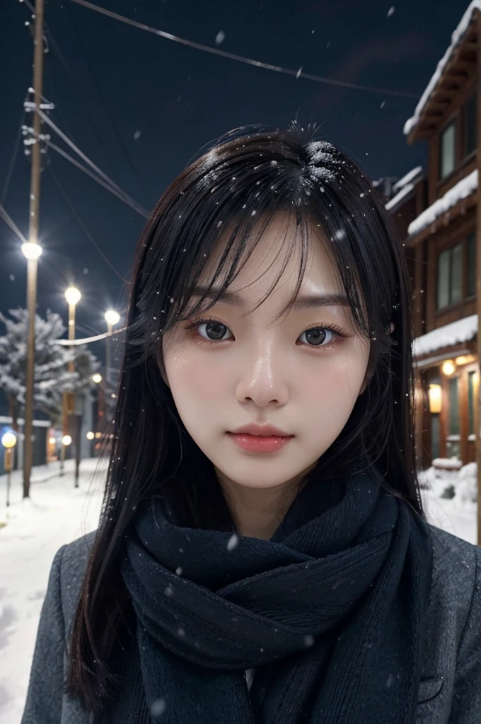 8k, best quality, Medium close-up, （Best quality，8K，tmasterpiece：1.3）Cute and lovely Korean girl, realistic, ultra detail, photo realistic, Increase quality, 
a photo of a girl sit in a ruusian night city with a scarf, in the style of dark and brooding designer, voluminous mass, photobash, serene faces, jagged edges, navy, natural beauty, close-up shot , cold atmosphere , winter atmosphere , Skin texture is natural、、The skin looks healthy with an even tone、 Use natural light and color,One Woman,japanes,,kawaii,A dark-haired,Middle hair,(depth of fields、chromatic abberation、、Wide range of lighting、Natural Shading、)、(Exterior light at night:1.4)、(Falling snow:1.3)、(Hair swaying in the wind:1.2)、(Light reflecting snow:1.0)
