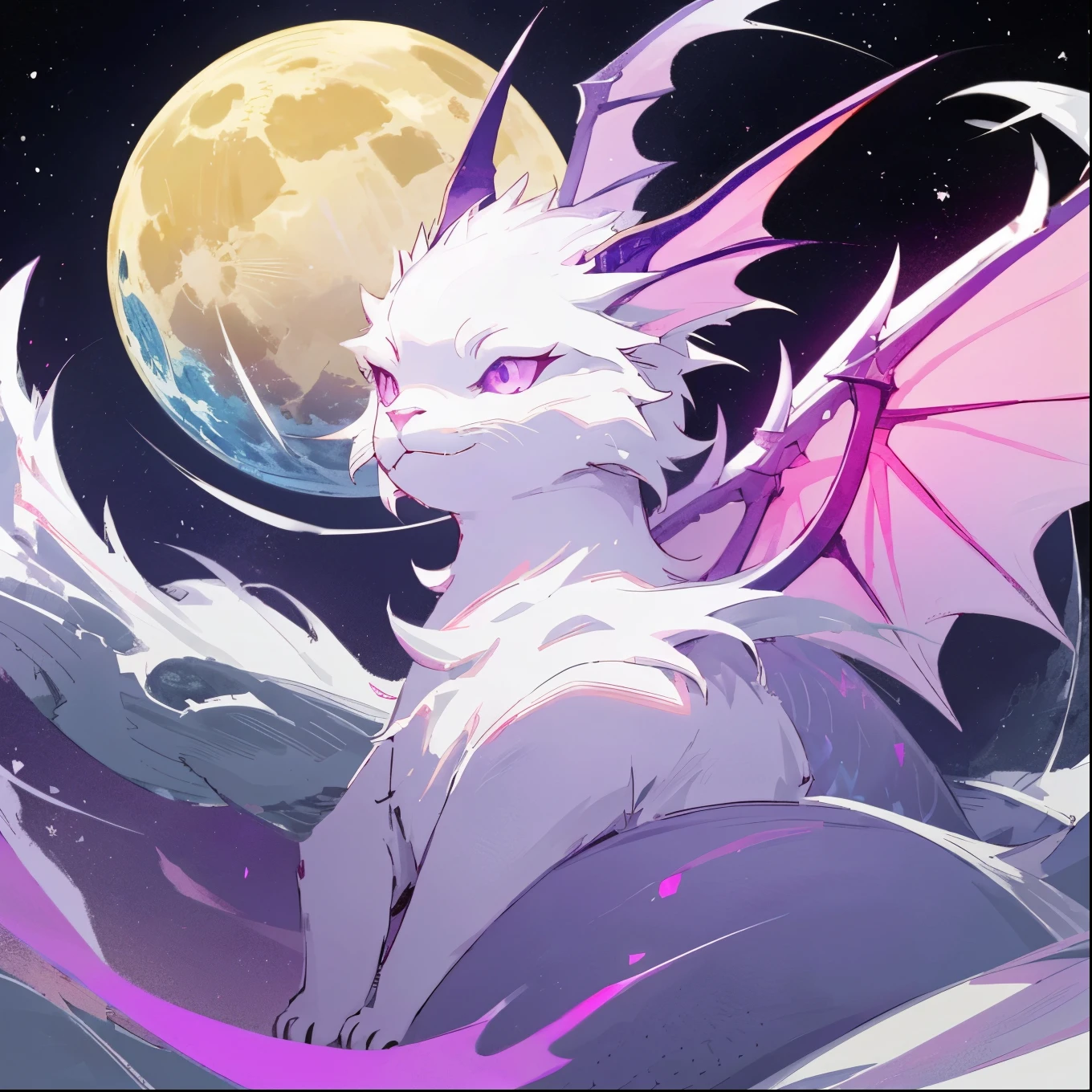 Create a high-resolution image of Lunaori, a cute dragon with a lunar theme. Lunaori should have a demon lord demeanor, combining elements of elegance and power. The primary color should be a rich violet, with accents reflecting the moon such as crescent shapes and lunar patterns. The design should exude an aura of mystique and authority, balancing a cute aesthetic with a formidable presence. Ensure the anime-styled illustration captures the unique blend of a regal and enigmatic moon cute dragon, avoiding any overly harsh or aggressive elements
