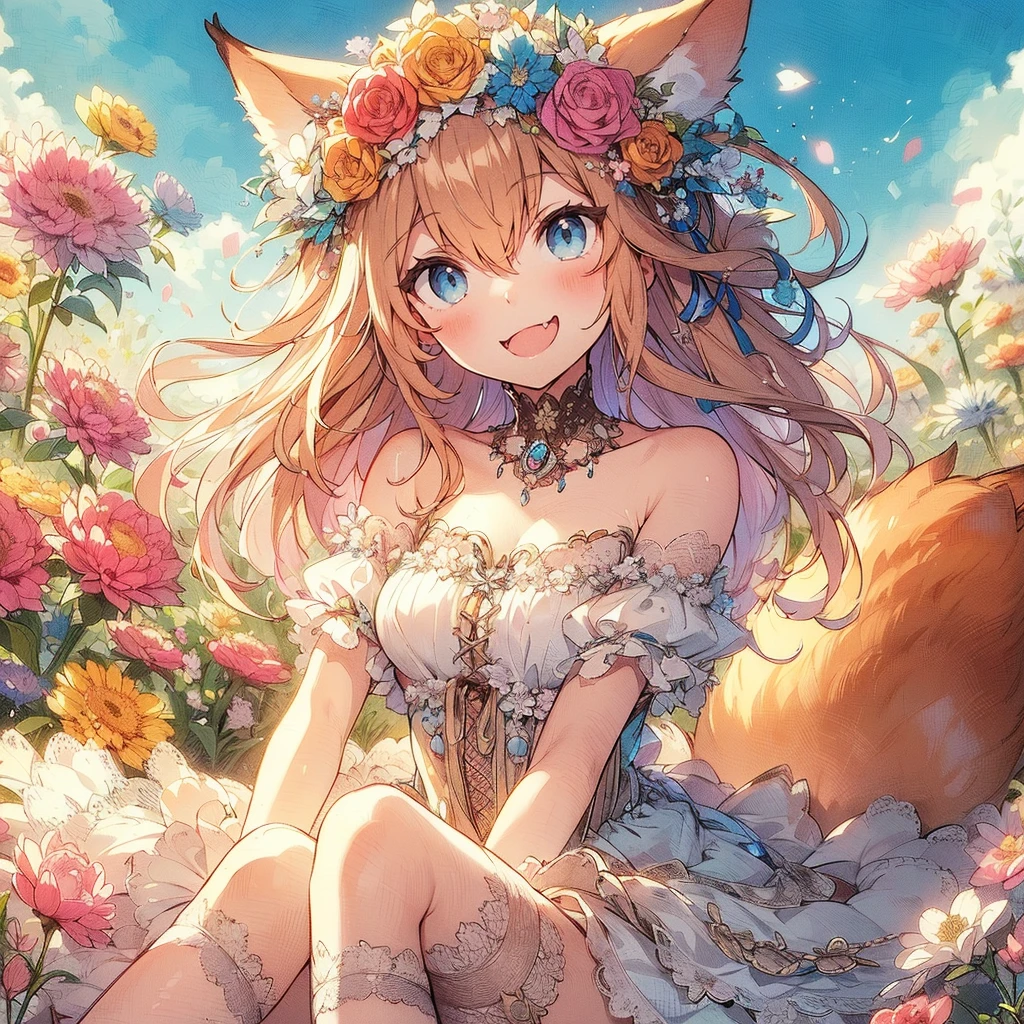 　(Exquisite, beautiful, Very detailed, masterpiece, high quality,High resolution),(Well-formed face,Soft and thin lines: 1.2, Beautiful and delicate illustrations with a mature and transparent feel),Beautiful flowers々Petals fluttering,A very small girl with fluffy, soft cat ears and a thin, long, flexible cat tail is meowing sweetly.,She is wearing off-the-shoulder, fluffy, soft clothes with lace, frills, and ribbons, and knee-high socks.,(Short eyebrows and pale pink blush, Plump pink lips,A small nose, a cat-like mouth with sharp Japanese fangs visible when smiling, and cat-like eyes.,She has a fairly large bust, an open chest, fair skin, a nice body, and a long, slender cat&#39;s tail.,),Dynamic angles with vibrant colors and striking colors,The American shorthair has a fluffy, soft coat., Meow!
