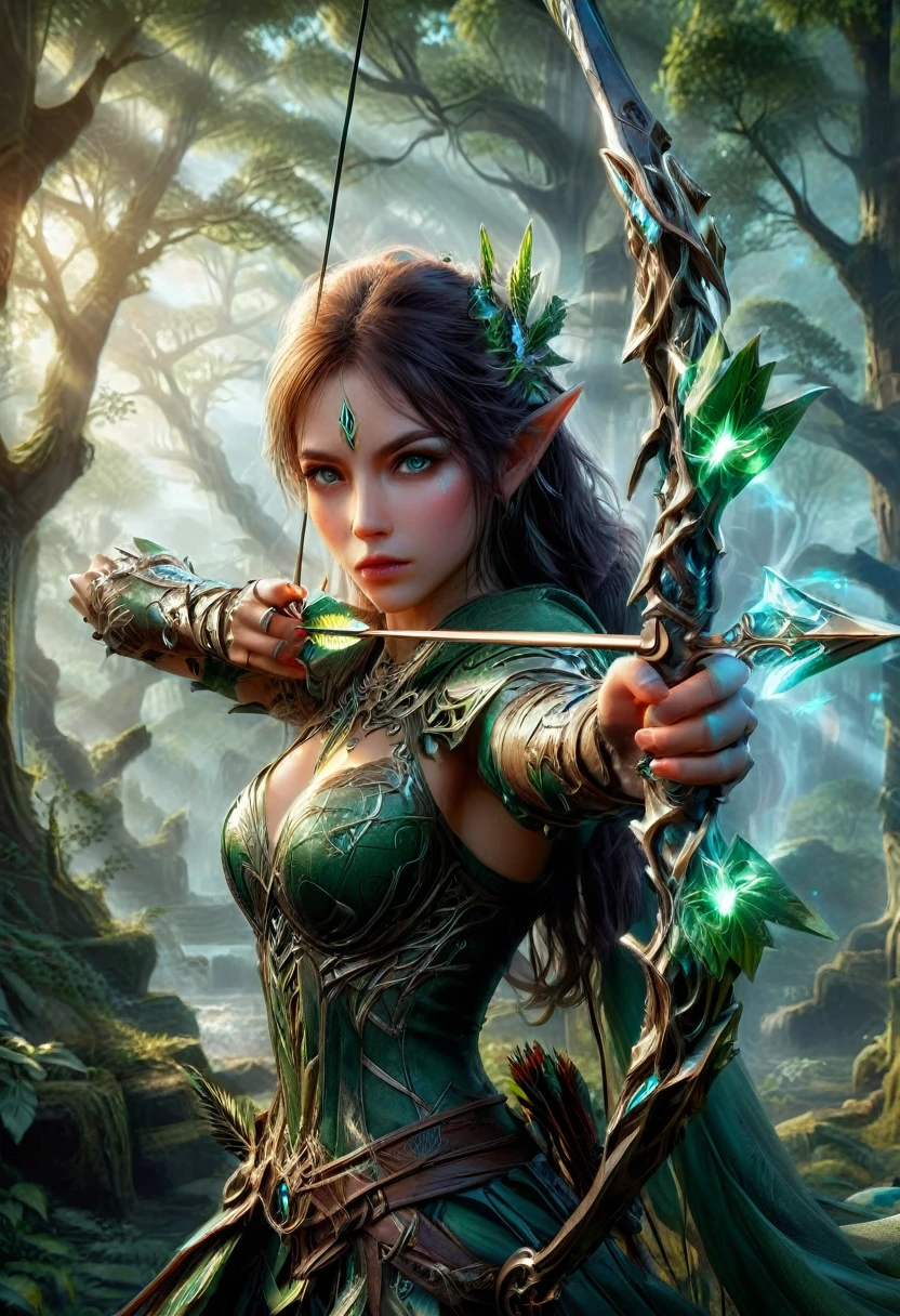 Elf, (long pointed ears:1.5), firing and arrow, bow (weapon), Aiming a Bow, A beautiful elven huntress crouching in a tree canopy, wearing a hunter's cowl, holding a intricate detailed enchanted elven bow, arrow made of light notched in the bow, forced perspective; stunning, breathtaking; Badass composition, epic style art, Kan Liu; Daniel Liang; Anne Stokes; Cynthia Sheppard; Ravina Cai