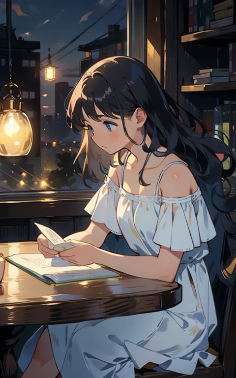 Beautiful maiden sitting at the table,is wearing dress,Read with rapt attention,Surrounded by the smell of books and warm lights