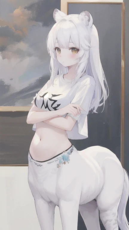 (best quality, masterpiece), 1 girl, centaur, It takes, White skin, Korean ,Athletic Competition,exposing the abdomen,belly button t-shirt, 아름다운 소녀 perfect white tiger photo, perfect white tiger photo