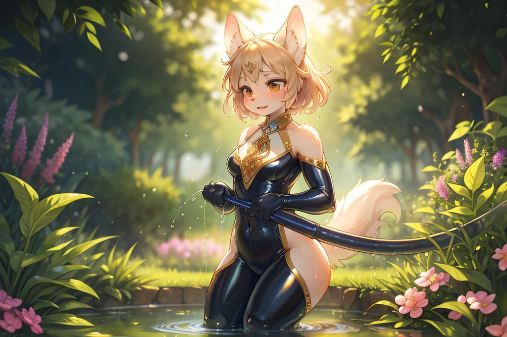 (Mucha style) , Bokeh , Watering the lawn in the garden , Hallucination , Daydream , female , Squirting water from long Rubber hose , Water droplets fluttering