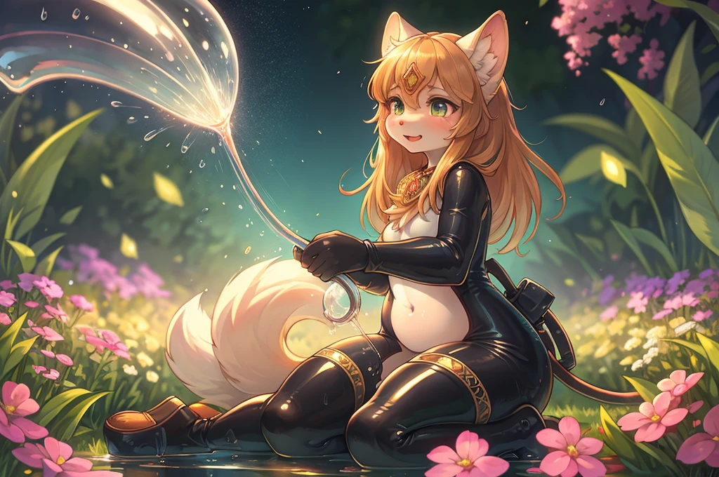 (Mucha style) , Bokeh , Watering the lawn in the garden , Hallucination , female , Squirting water from long Rubber hose , Water droplets fluttering