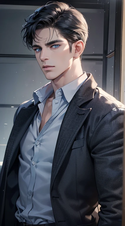 (best quality, masterpiece, 8K, photorealistic, cinematic lighting, 1:4 hdr image, ultra detailed, beautiful image), a mature man, 34 years very handsome, ((cold expression)), short red hair, blue eyes, face perfect without mistakes, ((buttoning his jacket, CEO))