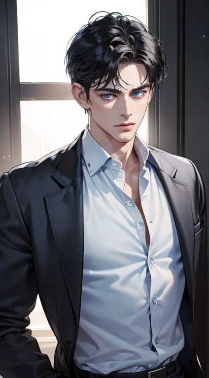 (best quality, masterpiece, 8K, photorealistic, cinematic lighting, 1:4 hdr image, ultra detailed, beautiful image), a mature man, 34 years very handsome, ((cold expression)), short black hair, blue eyes, face perfect without mistakes, ((buttoning his jacket, CEO))