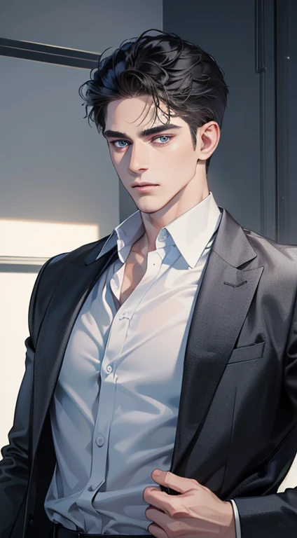 (best quality, masterpiece, 8K, photorealistic, cinematic lighting, 1:4 hdr image, ultra detailed, beautiful image), a mature man, 34 years very handsome, ((cold expression)), short black hair, blue eyes, face perfect without mistakes, ((buttoning his jacket, CEO))