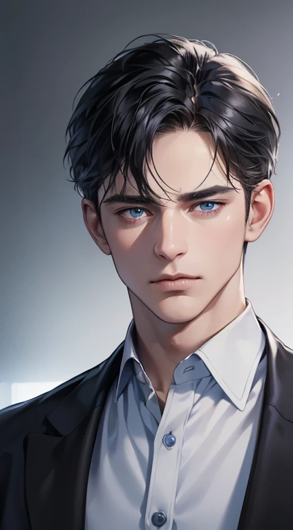 (best quality, masterpiece, 8K, photorealistic, cinematic lighting, 1:4 hdr image, ultra detailed, beautiful image), a mature man, 34 years very handsome, ((cold expression)), short black hair, blue eyes, face perfect without mistakes, ((buttoning his jacket, CEO))