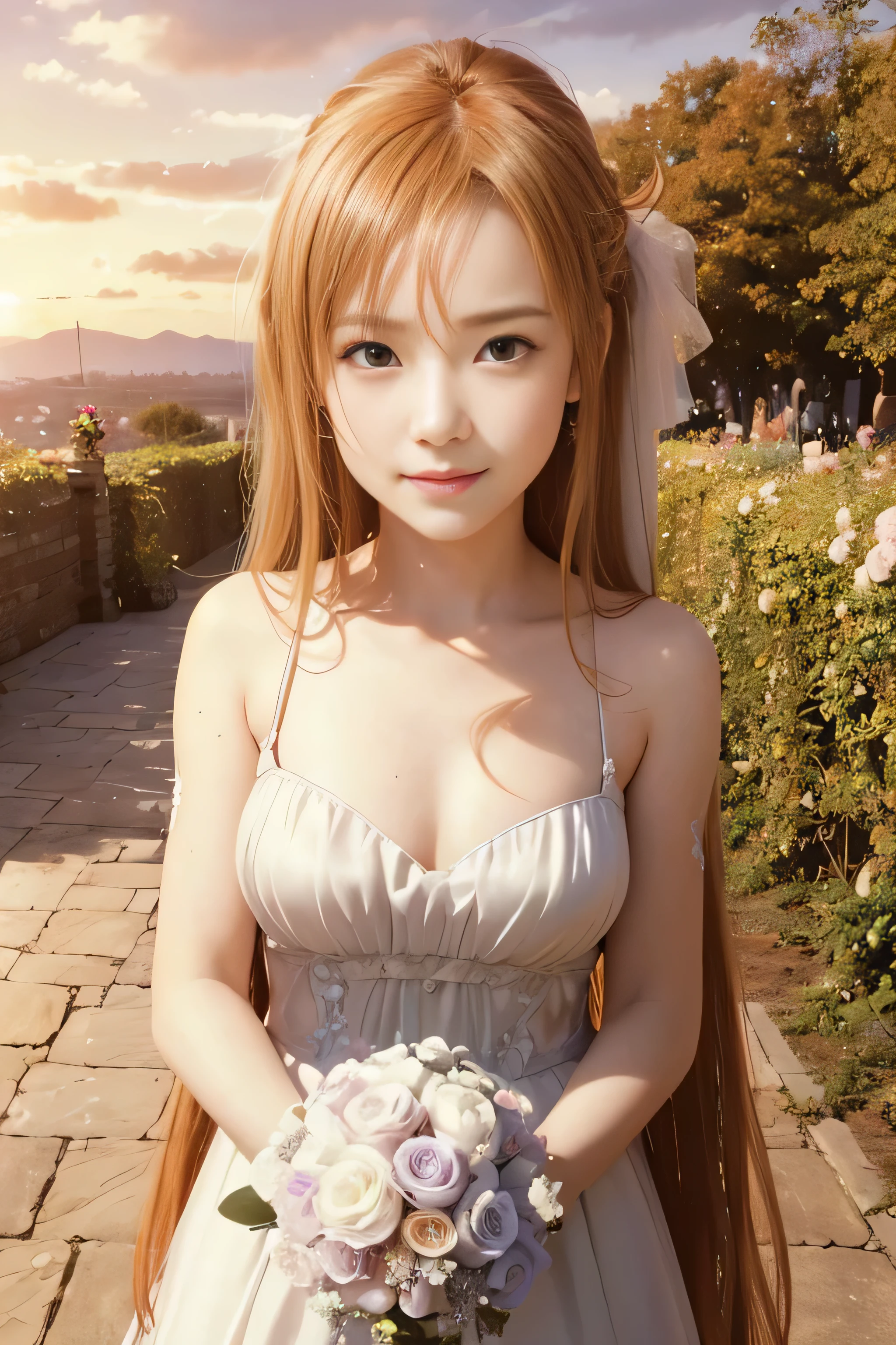 masterpiece, best quality, (realistic,photo-realistic:1.4), (RAW photo:1.2), extremely detailed CG unity 8k wallpaper, delicate and beautiful, amazing,finely detail, official art, absurdres, incredibly absurdres, huge filesize, ultra-detailed,extremely detailed eyes and face,light on face,yuuki asuna,(little smile),(caramel hair:1.4),(wearing wedding dress:1.4),(very long hair:1.4),garden,sunset