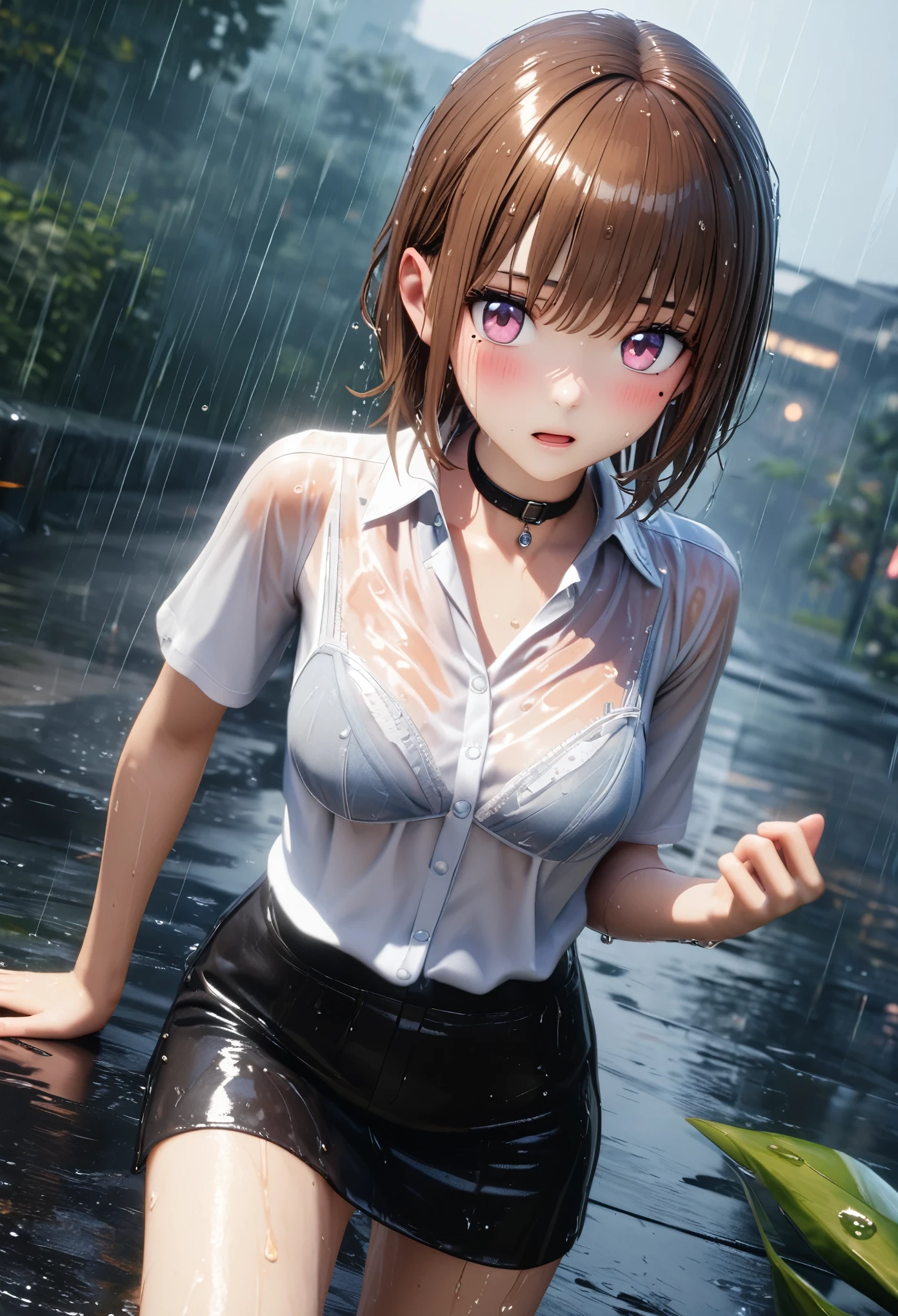 masterpiece, best quality, highly detailed, high resolution, expensive resolution, high resolution, 4K, 8k, Unity 8k wallpaper, highly detailed CG, masterpiece, 2D, 3D, beautiful details, depth, fine texture, best quality: 1.3, perfect focus, clear skin, him, rain, wet, wet clothes: 1.2
Very cute anime girl, (bra visible through white blouse wet with pouring rain, miniskirt), large breasts, expensive brown hair, one girl, rain, (raindrops dripping from wet hair, bra visible through thin blouse wet with rain, miniskirt), mole under eye, looking at viewer, expensive, blush, mole, open lips, heart, pink eyes, choker, white transparent bra