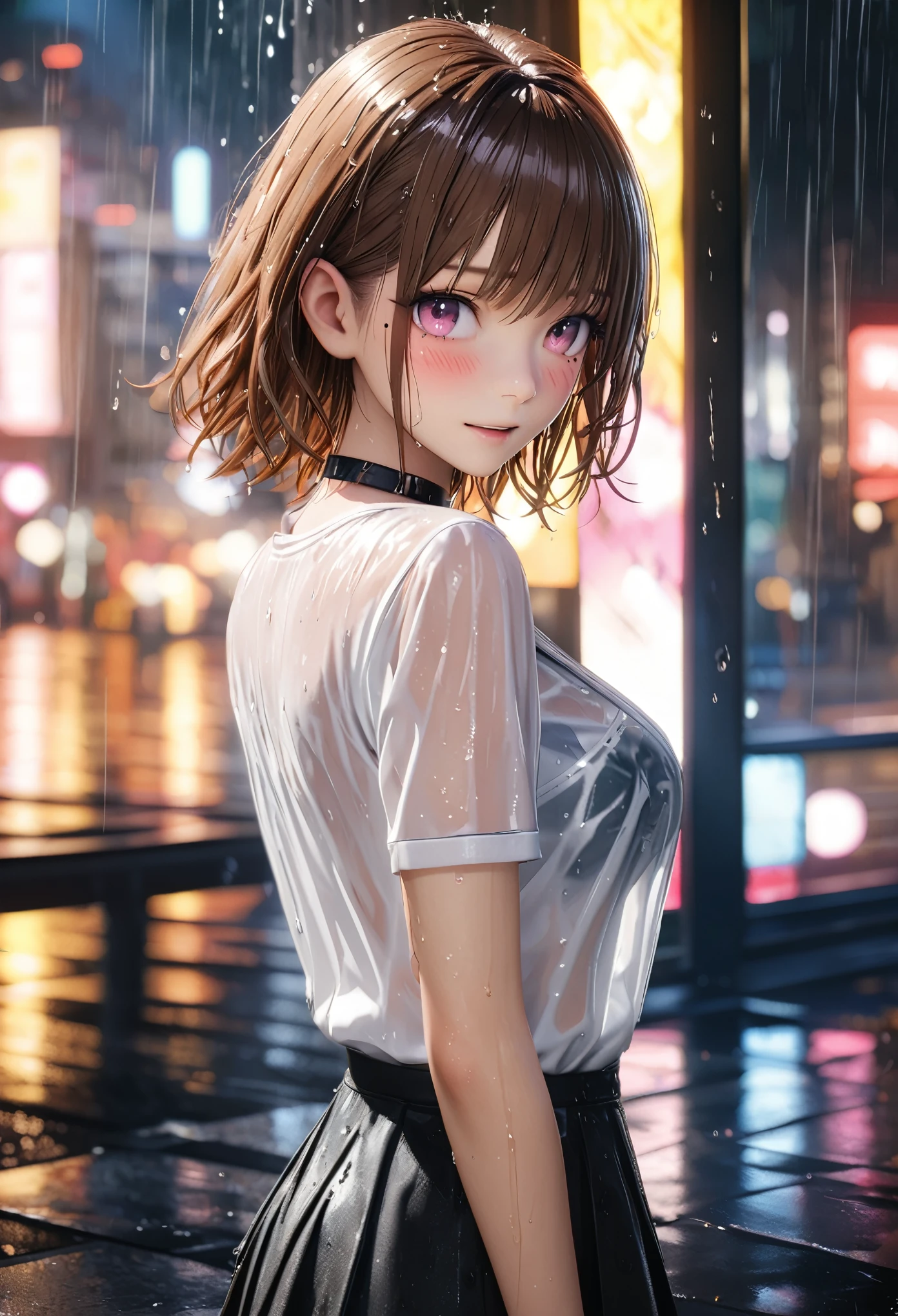 masterpiece, best quality, highly detailed, high resolution, expensive resolution, high resolution, 4K, 8k, Unity 8k wallpaper, highly detailed CG, masterpiece, 2D, 3D, beautiful details, depth, fine texture, best quality: 1.3, perfect focus, clear skin, him, rain, wet, wet clothes: 1.2
Very cute anime girl, (bra visible through white blouse wet with pouring rain, miniskirt), large breasts, expensive brown hair, one girl, rain, (raindrops dripping from wet hair, bra visible through thin blouse wet with rain, miniskirt), mole under eye, looking at viewer, expensive, blush, mole, open lips, heart, pink eyes, choker, white transparent bra