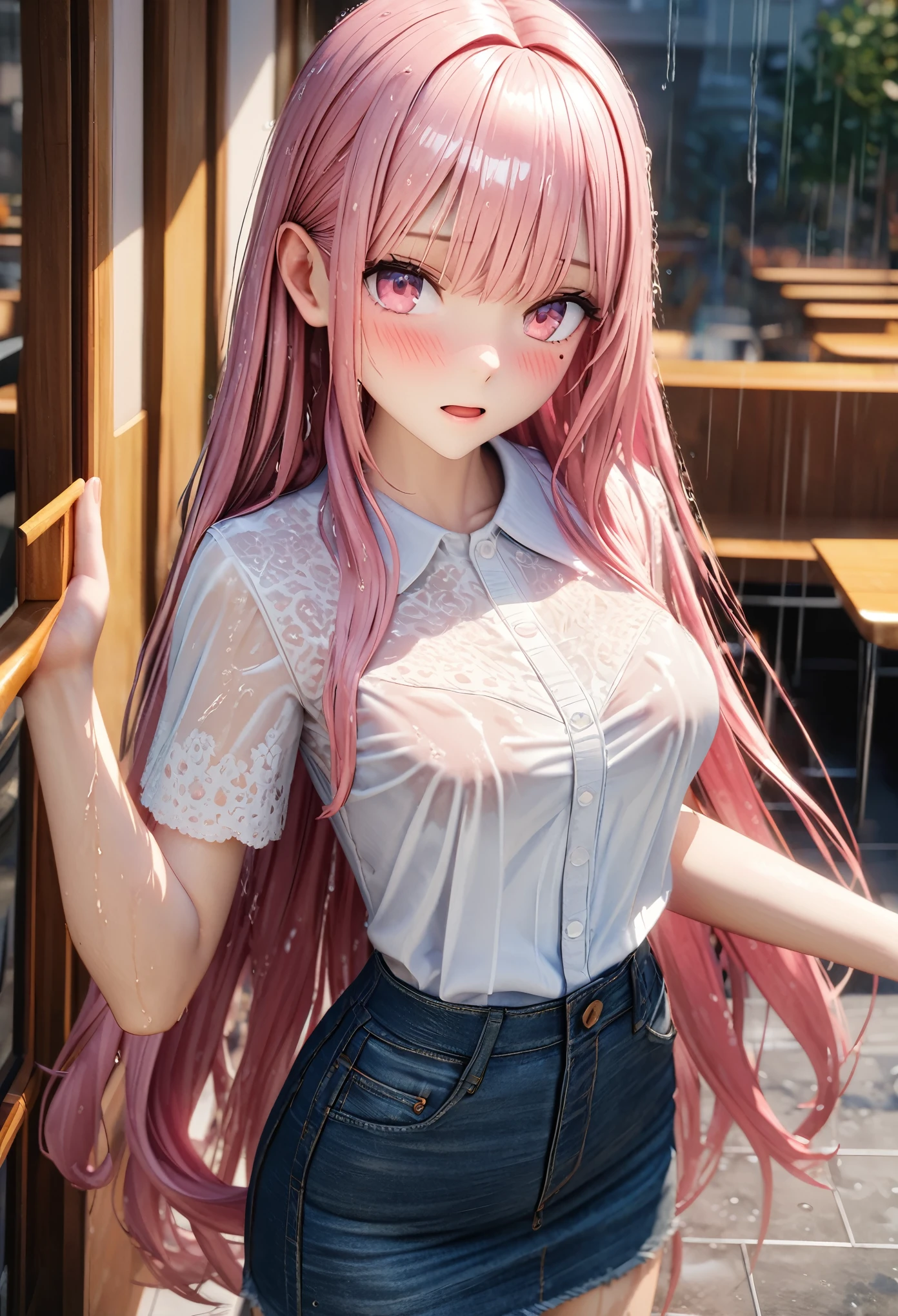 masterpiece, best quality, highly detailed, high resolution, expensive resolution, high resolution, 4k, 8k, Unity 8k wallpaper, highly detailed CG, masterpiece, 2d, 3d, beautiful details, depth, fine texture, best quality: 1.3, perfectly focused, crisp skin, him, very cute anime girl, (sheer white blouse wet from pouring rain, denim miniskirt) (soaking wet and damp pink medium long hair, rain dripping from hair), big breasts, expensive pink medium long hair, pouring rain, soaking wet hair, soaking wet only daughter, meeting outside cafeteria, mole under eye, looking at viewer, expensive, blush, mole, open lips, heart, pink eyes, soaking wet blouse, hair
