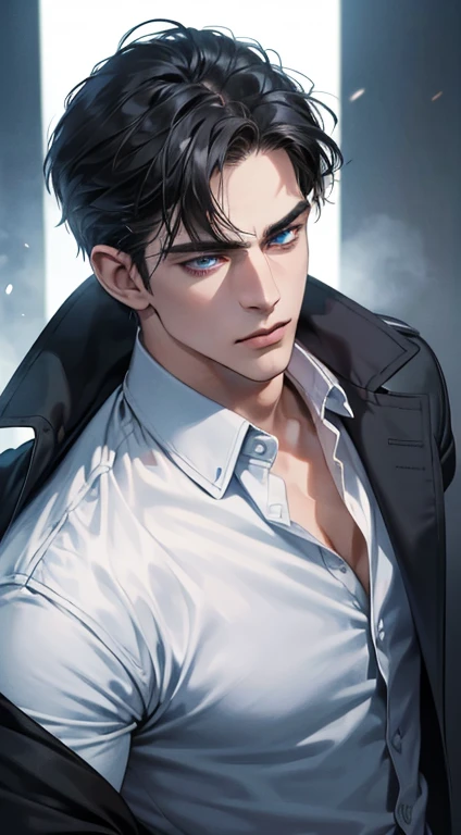 (best quality, masterpiece, 8K, photorealistic, cinematic lighting, 1:4 hdr image, ultra detailed, beautiful image), a mature man, 34 years very handsome, ((cold expression)), short black hair, blue eyes, face perfect without mistakes, ((buttoning his jacket, CEO))