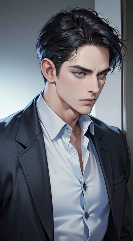 (best quality, masterpiece, 8K, photorealistic, cinematic lighting, 1:4 hdr image, ultra detailed, beautiful image), a mature man, 34 years very handsome, ((cold expression)), short black hair, blue eyes, face perfect without mistakes, ((buttoning his jacket, CEO))