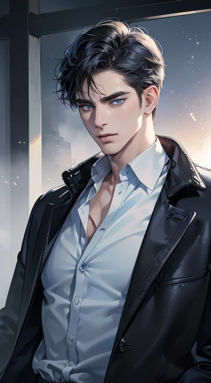 (best quality, masterpiece, 8K, photorealistic, cinematic lighting, 1:4 hdr image, ultra detailed, beautiful image), a mature man, 34 years very handsome, ((cold expression)), short black hair, blue eyes, face perfect without mistakes, ((buttoning his jacket, CEO))