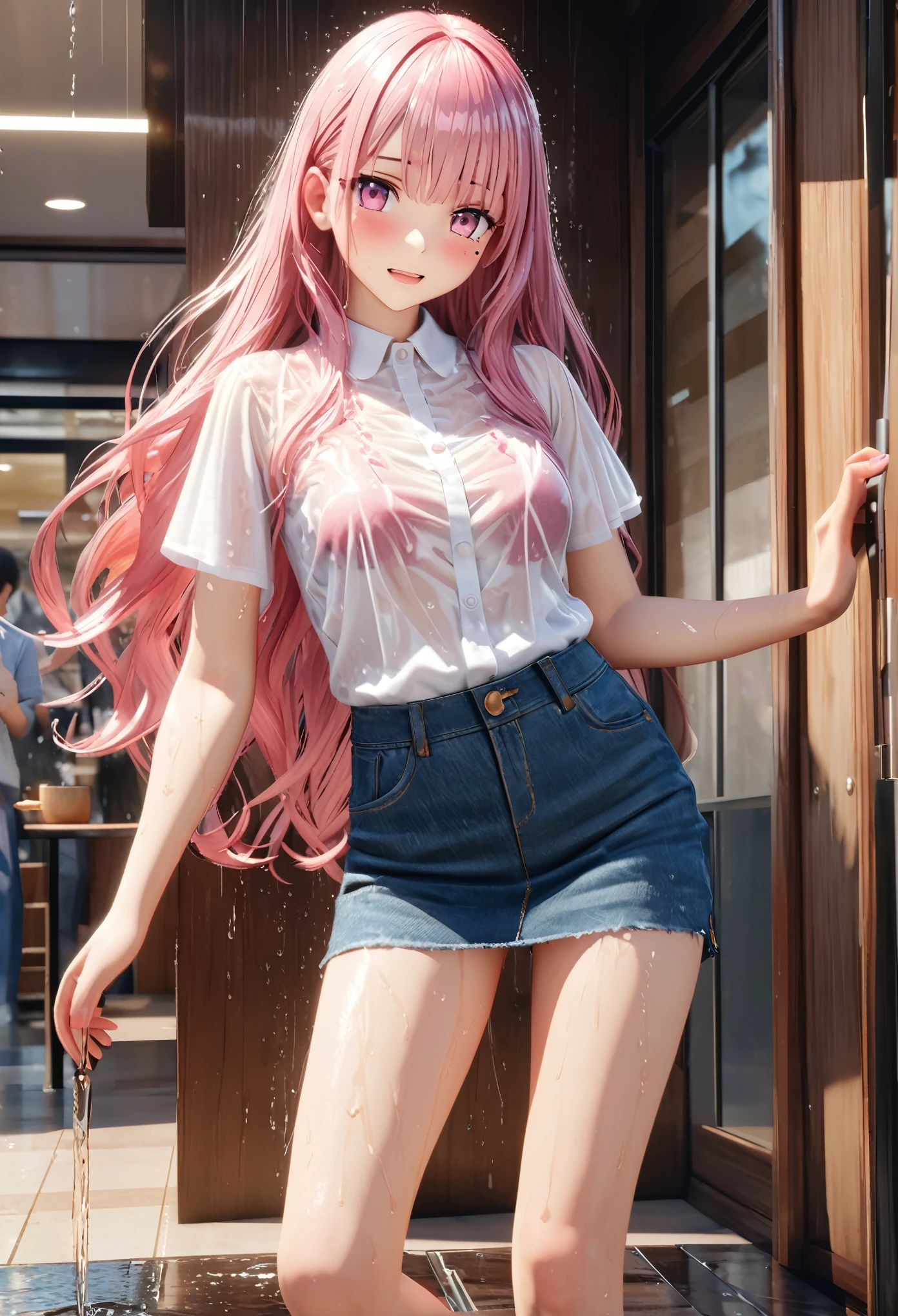 masterpiece, best quality, highly detailed, high resolution, expensive resolution, high resolution, 4k, 8k, Unity 8k wallpaper, highly detailed CG, masterpiece, 2d, 3d, beautiful details, depth, fine texture, best quality: 1.3, perfectly focused, crisp skin, him, very cute anime girl, (sheer white blouse wet from pouring rain, denim miniskirt) (soaking wet and damp pink medium long hair, rain dripping from hair), big breasts, expensive pink medium long hair, pouring rain, soaking wet hair, soaking wet only daughter, meeting outside cafeteria, mole under eye, looking at viewer, expensive, blush, mole, open lips, heart, pink eyes, soaking wet blouse, hair