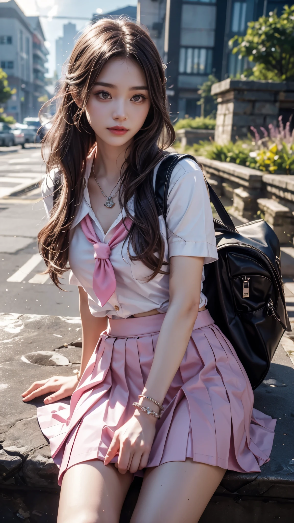 8K, UHD, masterpiece, 1 girl, good face, happy face, detailed eyes, very long hair, necklace, (school uniform), (pink skirt), tie, school bag, in the bridge, cloudy weather, realism, depth of field, 3d, unreal engine 5, ray tracing, flowing wind, sitting,