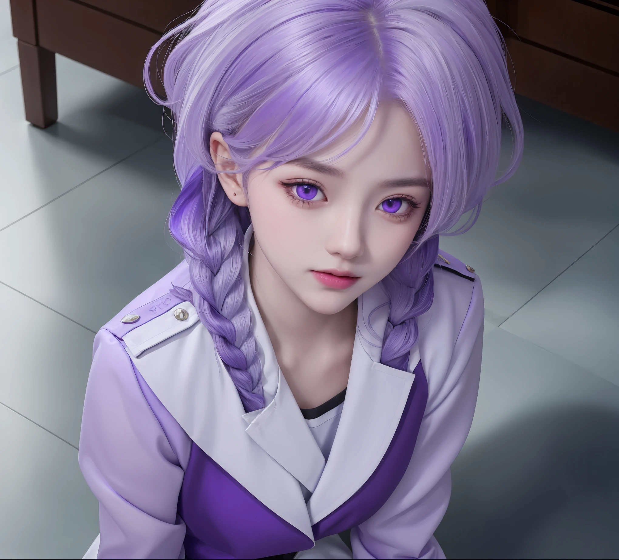 (masterpiece), (high quality), (8k resolution), (RAW photos), (best quality), (masterpiece:1.5), (Practical:1.5), ((photo Practical)), Vivid details, hyper Practical,2 Girls, (Lovely:1.2), beautiful, high quality、Delicate face, Perfect face, (purple hair and white hair:1.4), Red face,Two braids, delicate eyes, (Purple Eyes),Colored eyes,(Big watery eyes),National Foundation,, slim body, looking at the audience, Shut up, Real human skin, shiny skin, Mid-chest, ((Uniforms)), sit, floor,