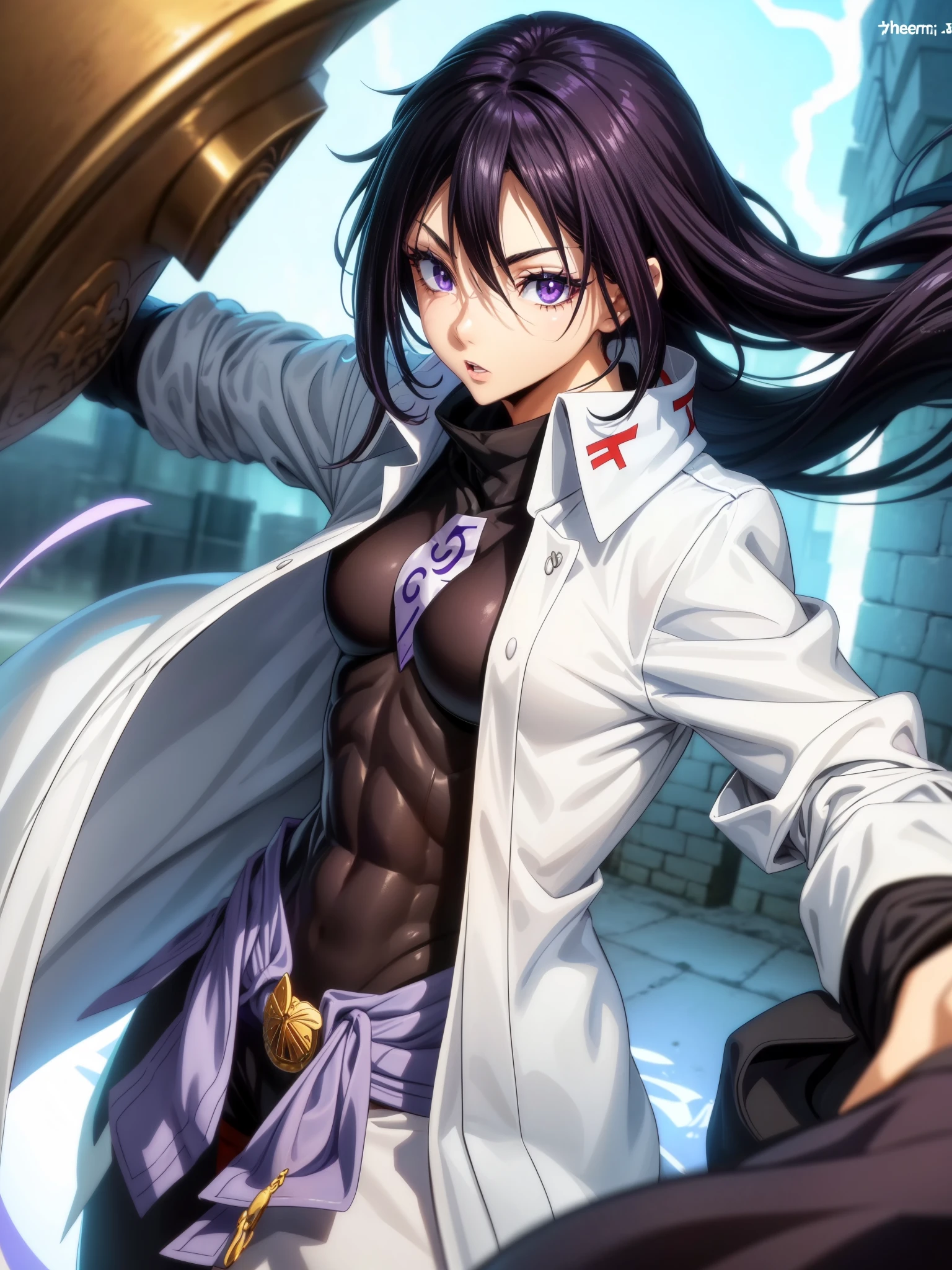 score_9、score_8_up、score_7_up、One girl、Han Juri、Street Fighter、Black Hair、Purple Eyes、Hair over one eye。White shirt tied in front、Open shirt、check