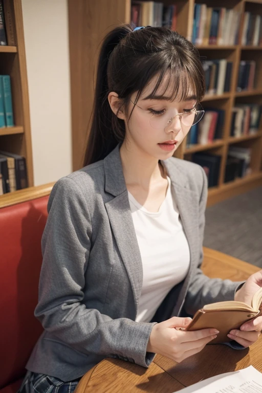 KR-PNY, Ridiculously long ponytail, Parted bangs, 1girll, , dark grey open jacket, dark grey blazer, Pleated skirt, plaid skirts, circle-glasses, Reading a book, Shy and quiet girl, looking at object, atlibrary, very detail hair, intricate detailes, masutepiece, Best Quality, Upper body, Realistic,nood，tmasterpiece