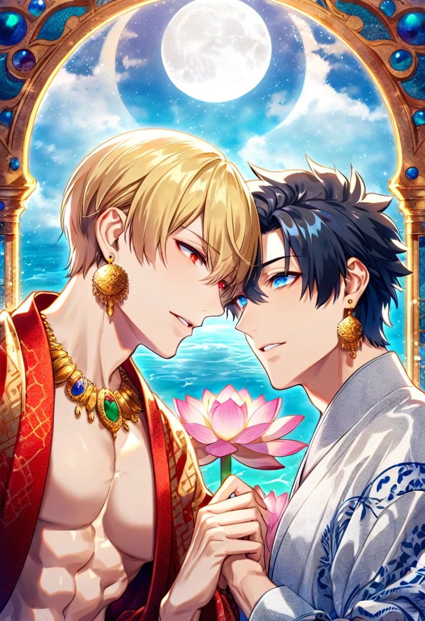 (absurdres, highres, ultra detailed, HDR) master piece, best quality, perfect face, delicated features, Gilgamesh, blonde hair, with bangs, short hair, expressive red eyes, fate/grand order, Fujimaru Ritsuka, black hair, expressive blue eyes, two sexy men together, gay couple, yaoi, handsome, toned chest, red haori, white kimono with accessories, patterns, golden earrings, arabian, pink lotus, water, magical moon