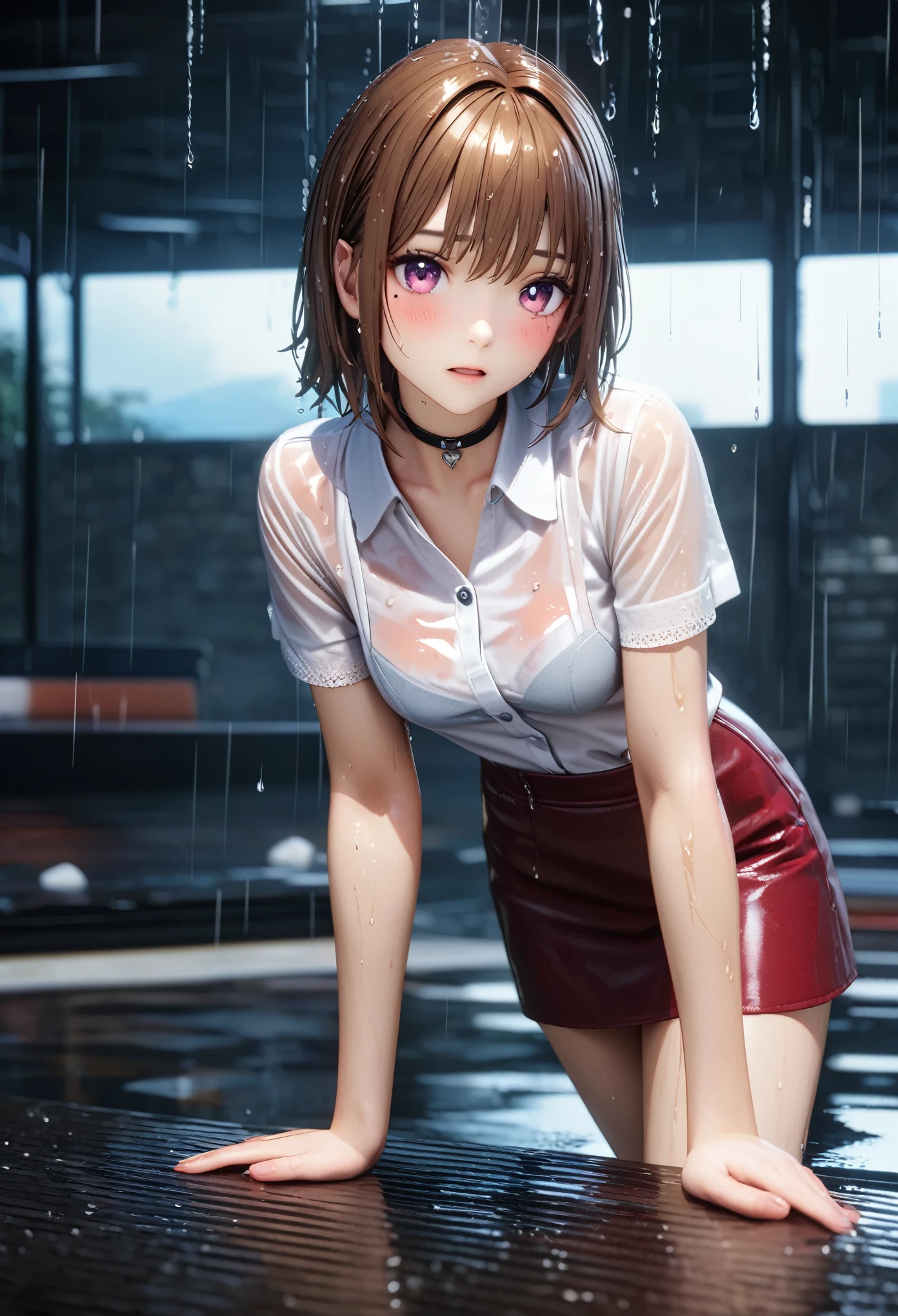 masterpiece, best quality, highly detailed, high resolution, expensive resolution, high resolution, 4K, 8k, Unity 8k wallpaper, highly detailed CG, masterpiece, 2D, 3D, beautiful details, depth, fine texture, best quality: 1.3, perfect focus, clear skin, him, rain, wet, wet clothes: 1.2
Very cute anime girl, (bra visible through white blouse wet with pouring rain, miniskirt), large breasts, expensive brown hair, one girl, rain, (raindrops dripping from wet hair, bra visible through thin blouse wet with rain, miniskirt), mole under eye, looking at viewer, expensive, blush, mole, open lips, heart, pink eyes, choker, white transparent bra