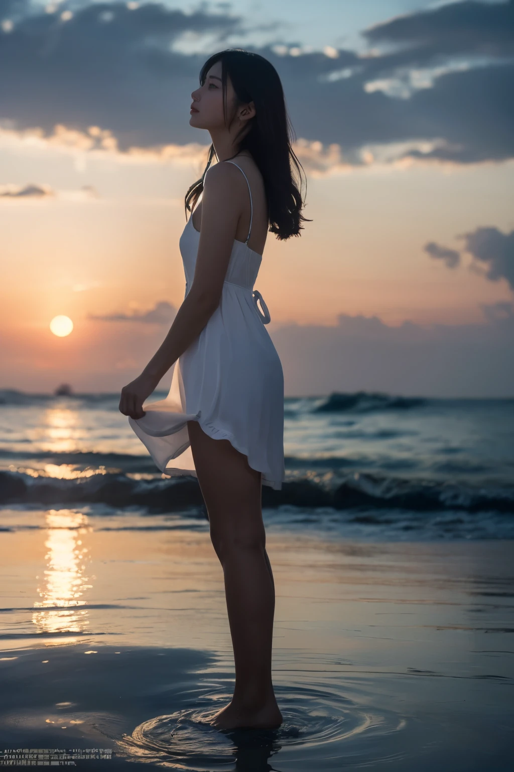 1 girl, (Wear a clean white summer dress:1.2), Very beautiful Japanese idol portraits, 
(RAW Photos, highest quality), (Realistic, Realistic:1.4), (masterpiece), 
Very delicate and beautiful, Very detailed, 2k wallpaper, wonderful, finely, Very detailed CG Unity 8K 壁紙, Very detailed, High resolution, Soft Light, 
Beautiful detailed girl, Very detailed目と顔, Beautiful and sophisticated nose, finelyて美しい目, Cinema Lighting, 
(Fashion magazine photography:1.3), (Sea at dusk), (At night、The beach is illuminated by the last rays of light.), (Wavering on the sea surface), (Crimson Afterglow), (Dark screen), (The contrast between the deep indigo sky and the deep red afterglow),
(Semi-long hair), (Full body silhouette of a girl:1.5), (Hair blowing in the wind),
Complete Anatomy, Slender body, Small breasts