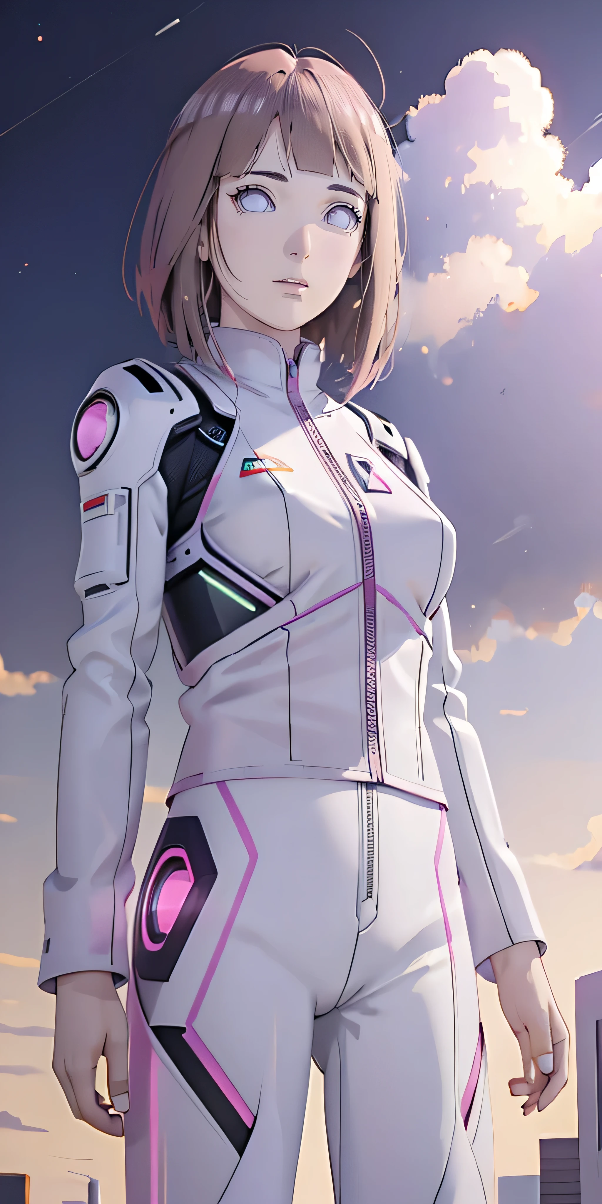 ((masterpiece, best quality, extremely detailed), volumetric lighting, ambient occlusion, colorful, glowing),
1girl, solo, young girl, (pink hair), long hair, halo, aura, sacred, godness, cyber suit, (white outfit:1.3), android, bot, angel wings,
outdoors, sunset, sky, clouds, space, (cyberpunk theme:1.2),