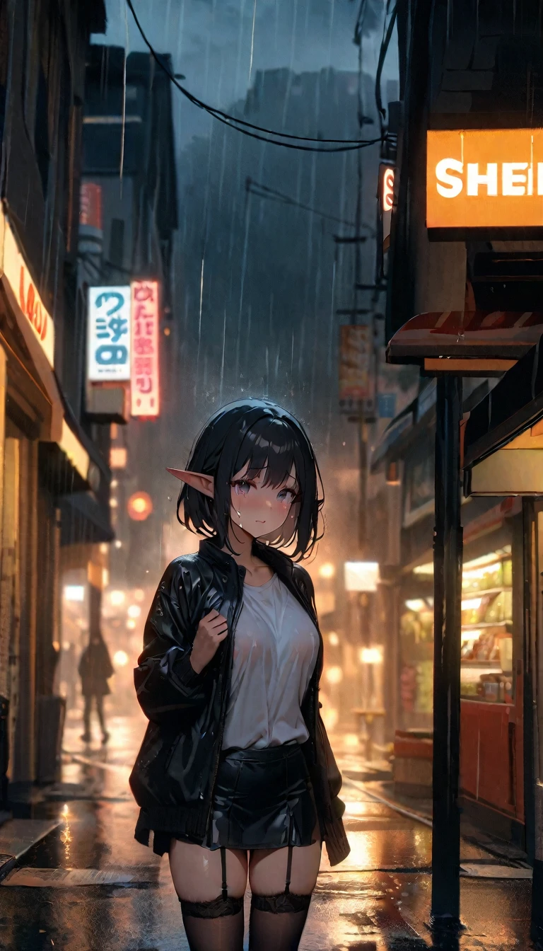 8K,masterpiece,best quality,Super detailed,
On the cloudy street,Corner store,foggy and heavy rain,An elf girl stood in the middle of the road crying.Extremely detailed face, she is wearing a convertible jacket,white shirt,Short skirt, Black garter belt,Clothes soaked by rain,Depth of Field(degree ),Film Lens Lighting,
