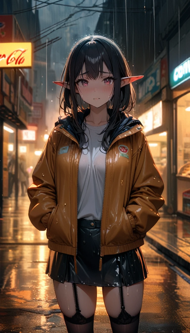 8K,masterpiece,best quality,Super detailed,
On the cloudy street,Corner store,foggy and heavy rain,An elf girl stood in the middle of the road crying.Extremely detailed face, she is wearing a convertible jacket,white shirt,Short skirt, Black garter belt,Clothes soaked by rain,Depth of Field(degree ),Film Lens Lighting,