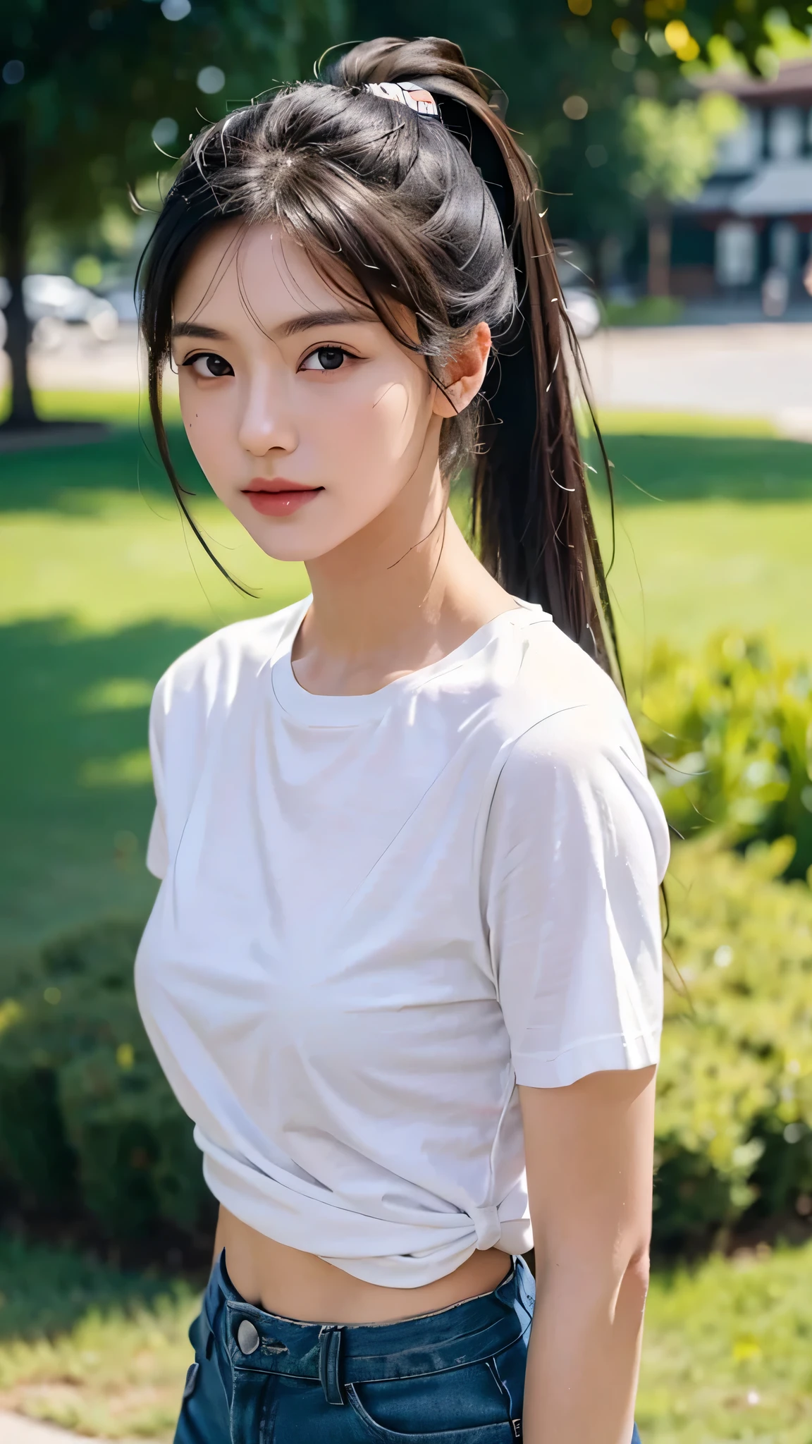 1girl,solo,ponytail,looking at viewer,long hair,smile,black hair,upper body,photo background,outdoors,brown eyes,realistic,lips,closed mouth,tank top,black eyes